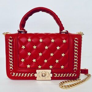 Red Crossbody Quilted Handbag Hand Embellished with Gold Chain & Star Patterns